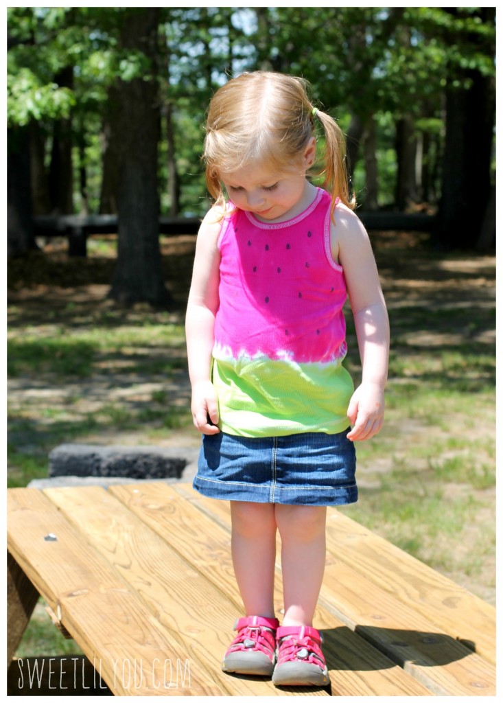 Photo of Avery wearing her DIY watermelong tank top