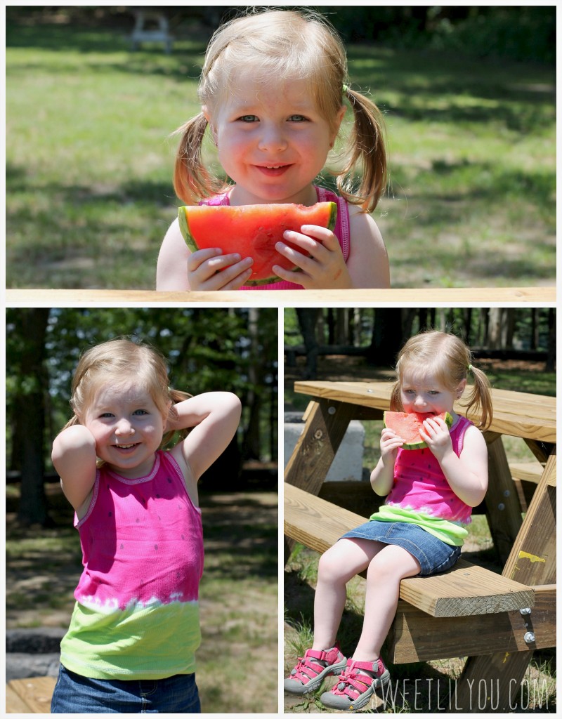 Photos of Avery posing and eating watermelon